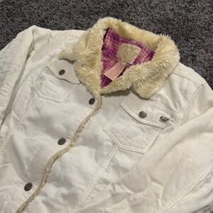 Vintage Roxy Corduroy Trucker Jacket Womens White Excellent Faux Fur Trim XL